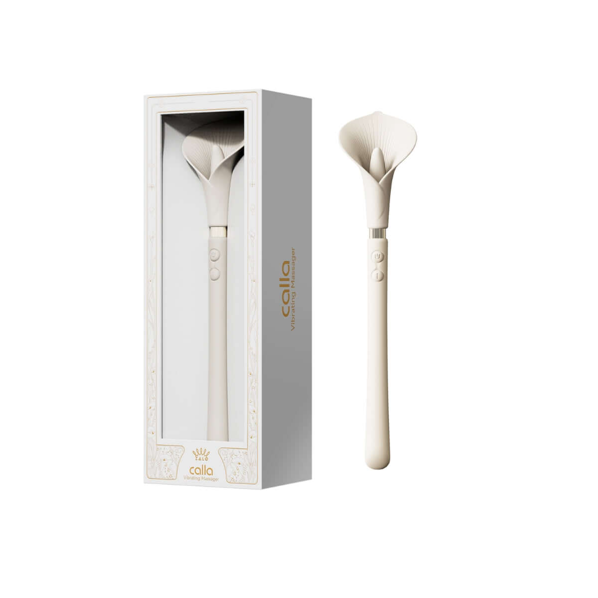 Calla Dual Head Precision Wand Massager in elegant packaging, showcasing its dual-head design for personal massage.