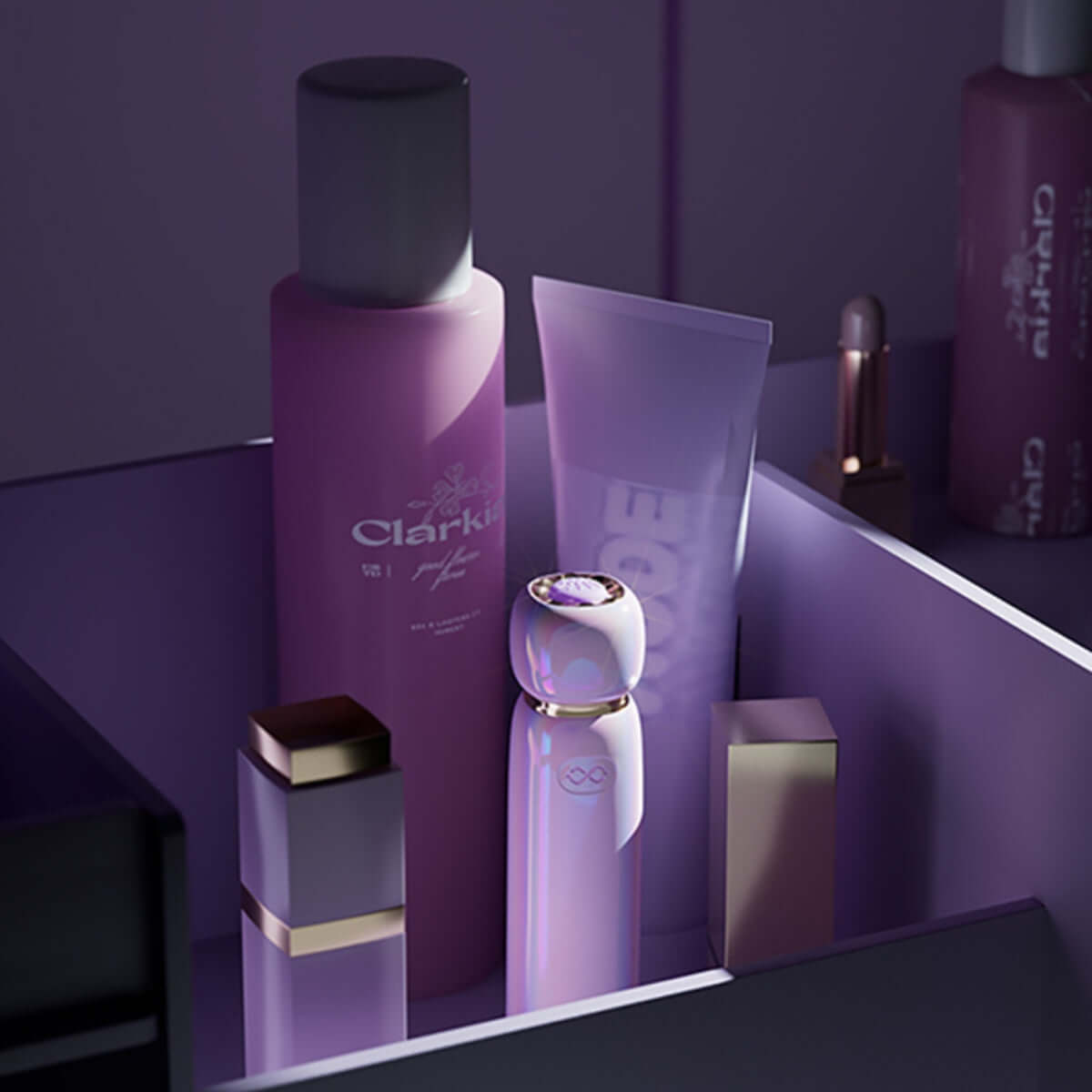 Lia Lipstick Air Pulse Massager and skincare products in a stylish purple drawer.