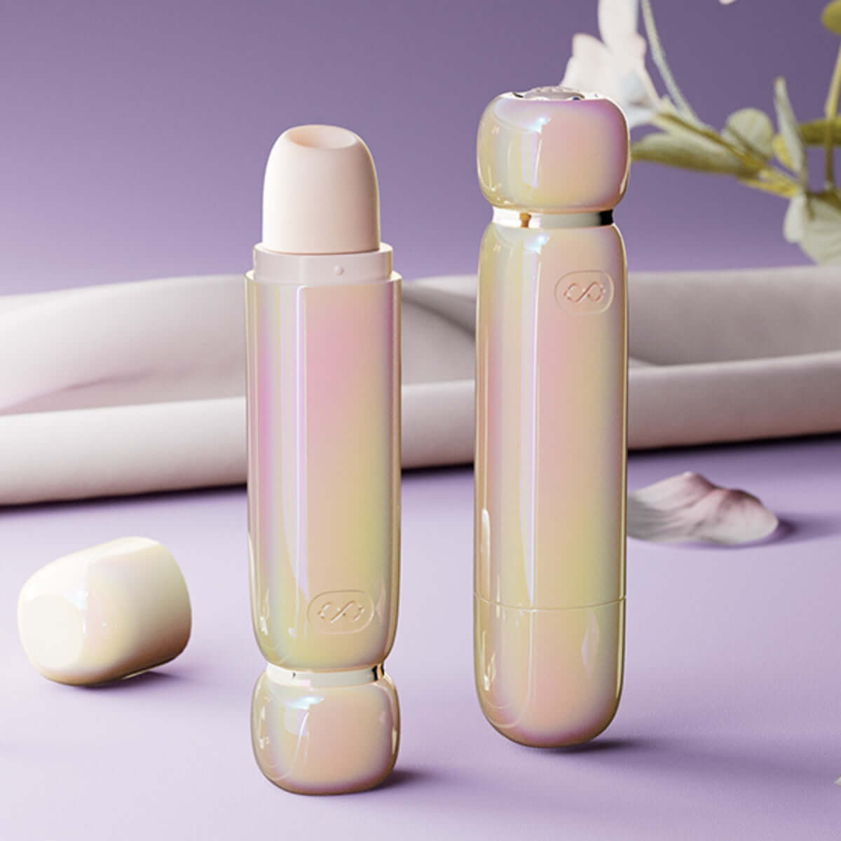 Lia Lipstick Air Pulse Massager in elegant design, showcasing its portable size and iridescent finish.