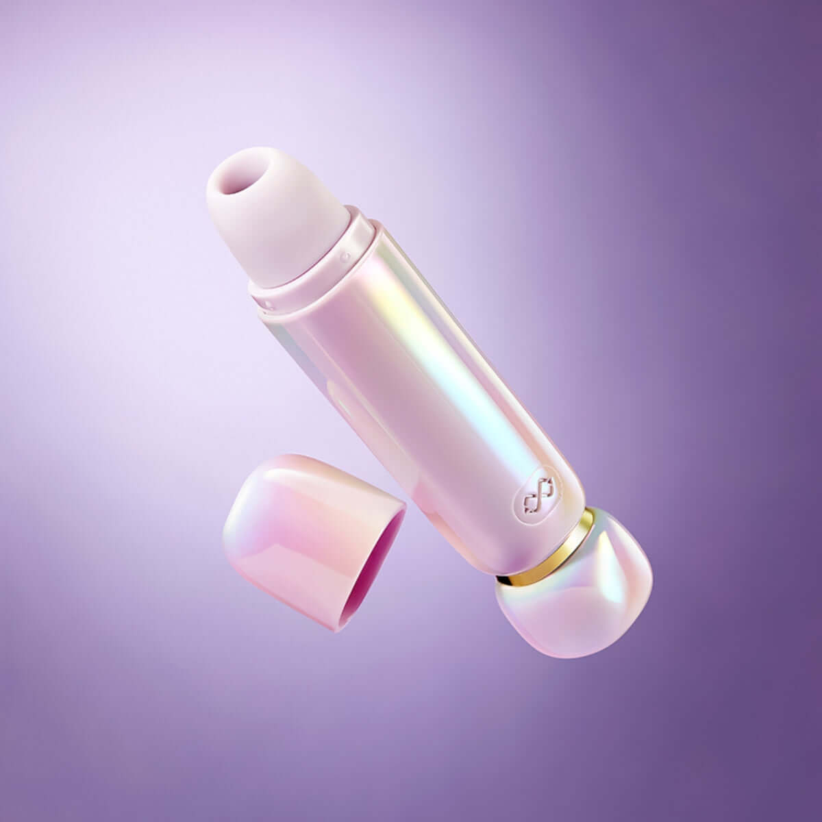 Lia Lipstick Air Pulse Massager in a stylish holographic design with cap removed, featuring a sleek and compact profile.