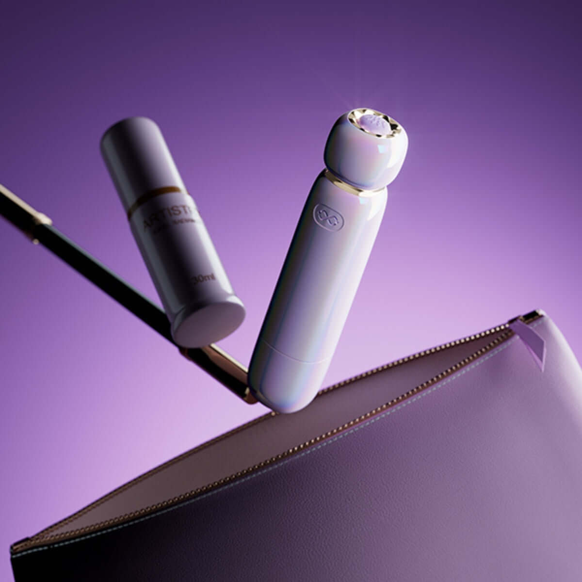 Lia Lipstick Air Pulse Massager and cosmetic bottle elegantly placed on a chic purple bag.