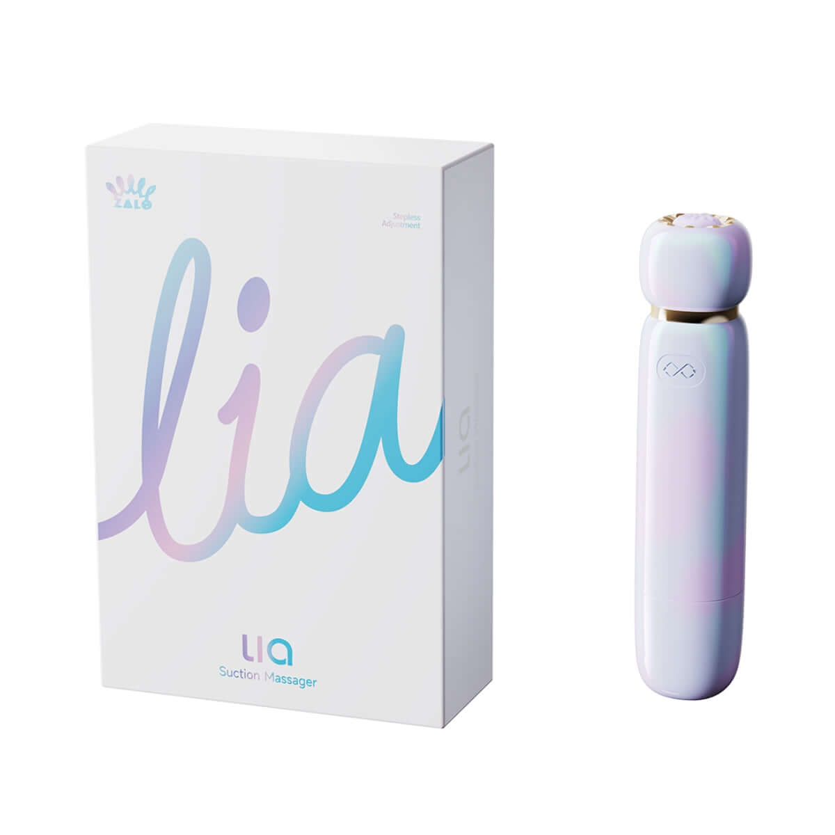 Lia Lipstick Air Pulse Massager packaged beside its elegant box, showcasing a portable and stylish design.