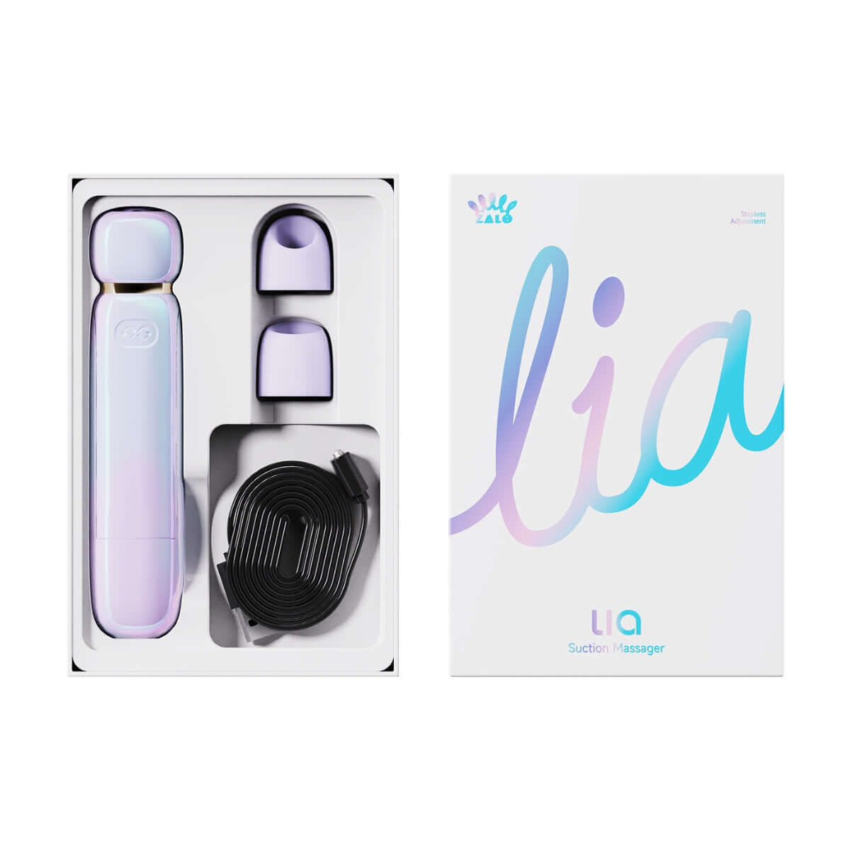 Lia Lipstick Air Pulse Massager in packaging with attachments and charging cable.