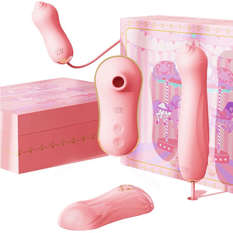 Unicorn Vibrator Thruster & Air Pulse Suction Set Massager displayed with packaging in a whimsical pink design