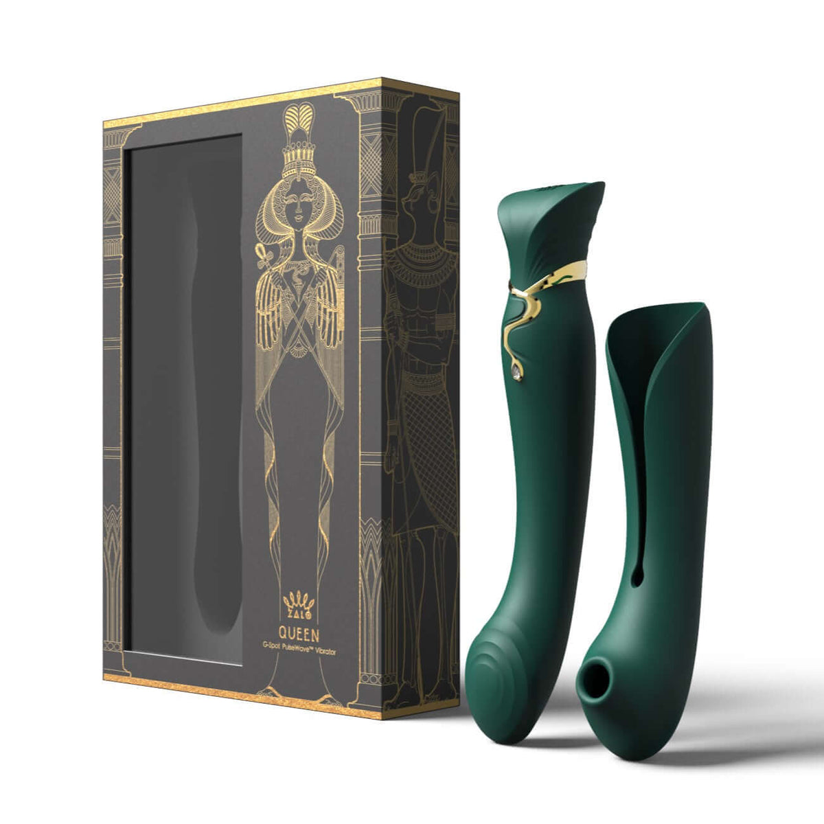 Queen Set G-spot PulseWave Vibrator with Suction Sleeve in elegant packaging featuring Cleopatra design.