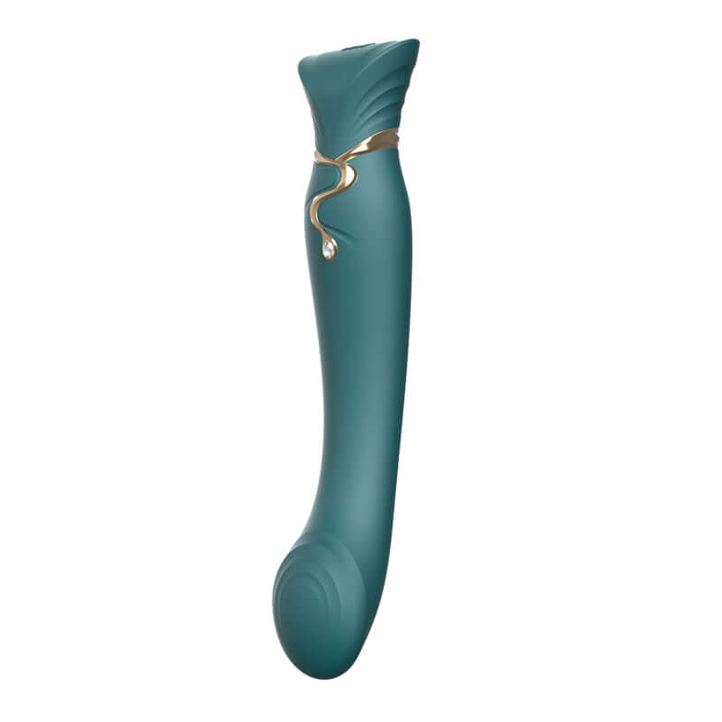 Queen Set G-spot PulseWave Vibrator with Suction Sleeve in teal with elegant design and gold accents.