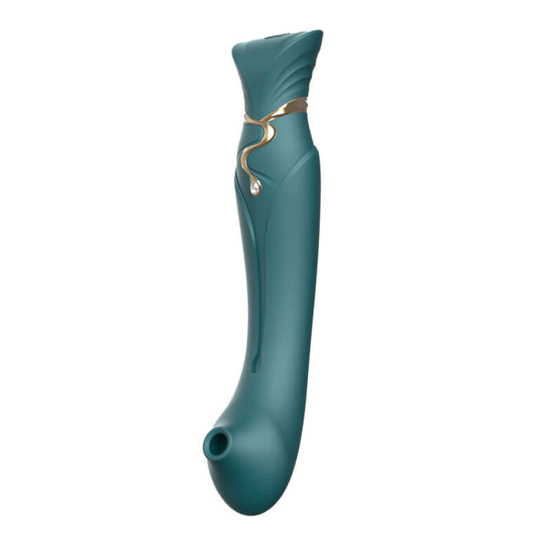 Queen Set G-spot PulseWave Vibrator with Suction Sleeve in teal color and elegant design.