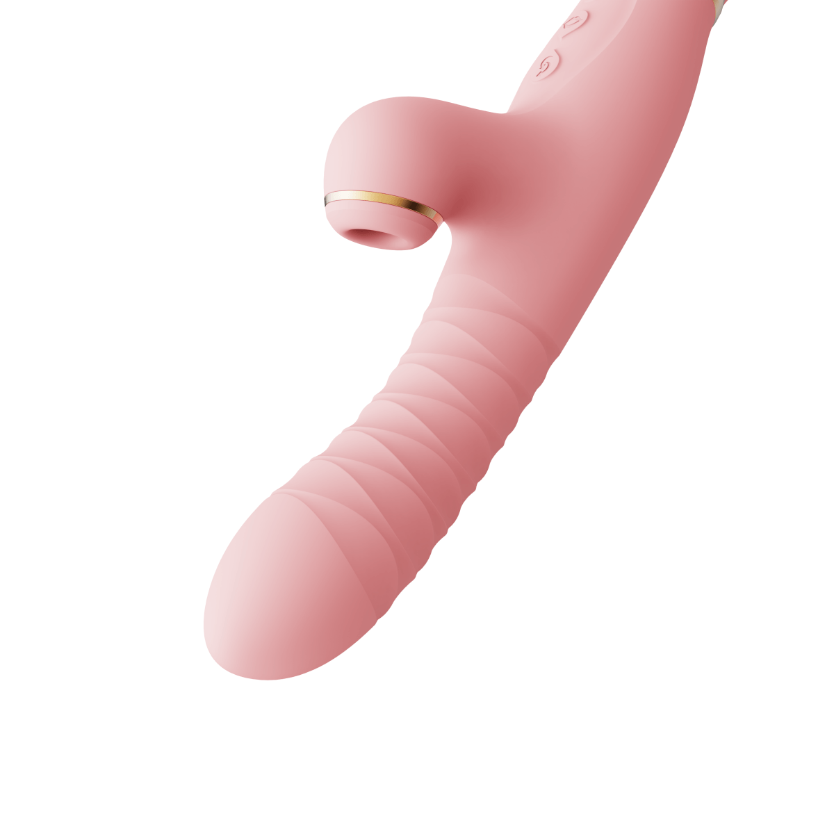 Close-up of the Rose Rabbit Thruster & Air Pulse Massager showing its textured design and vibrant pink color.