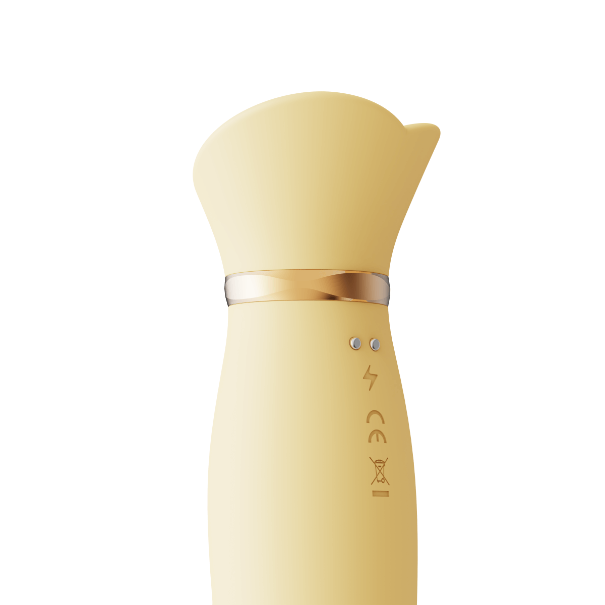 Rose Rabbit Thruster & Air Pulse Massager close-up, featuring elegant yellow design and gold accents.
