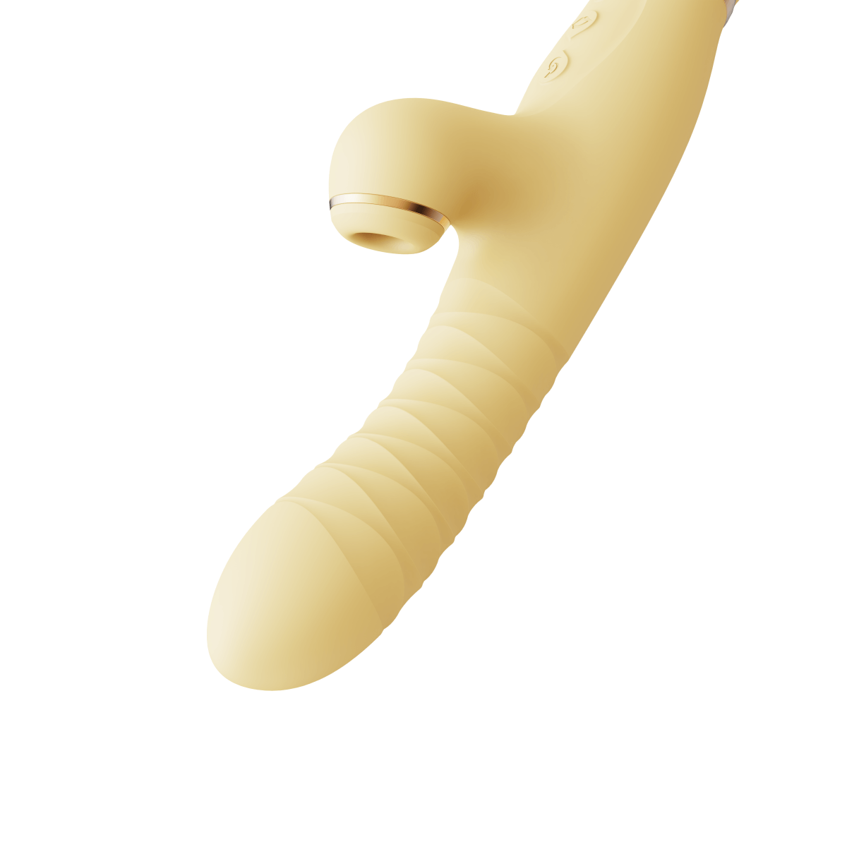 Rose Rabbit Thruster & Air Pulse Massager in a soft yellow hue, featuring textured shaft and control buttons for enhanced pleasure.