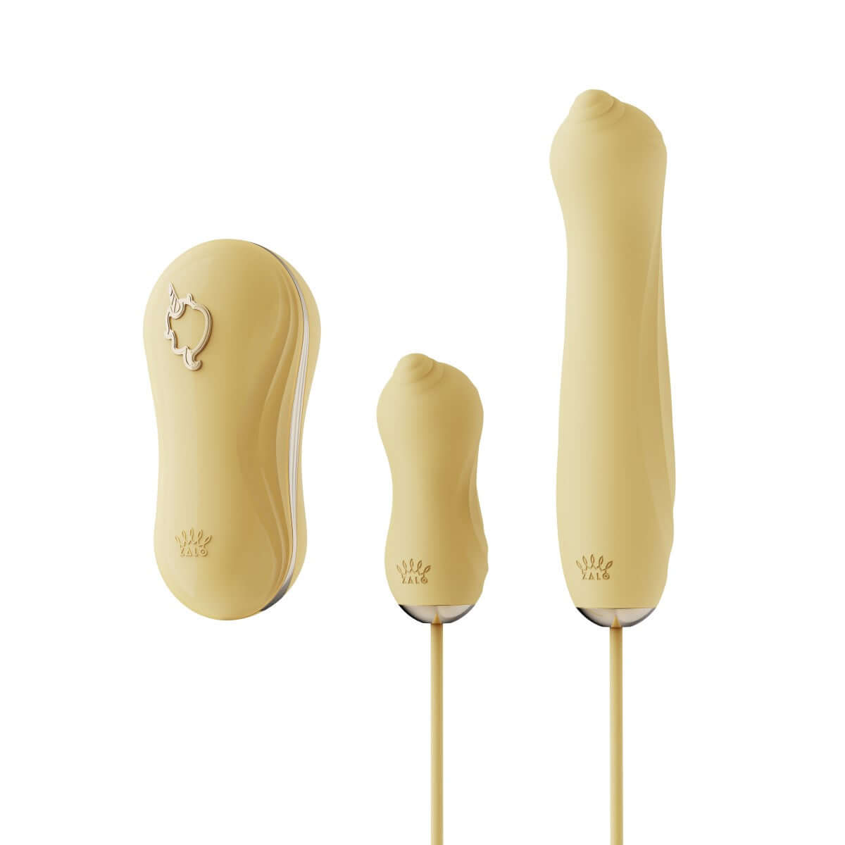 Unicorn Vibrator Thruster & Air Pulse Suction Set Massager in yellow color featuring sleek designs and controls.