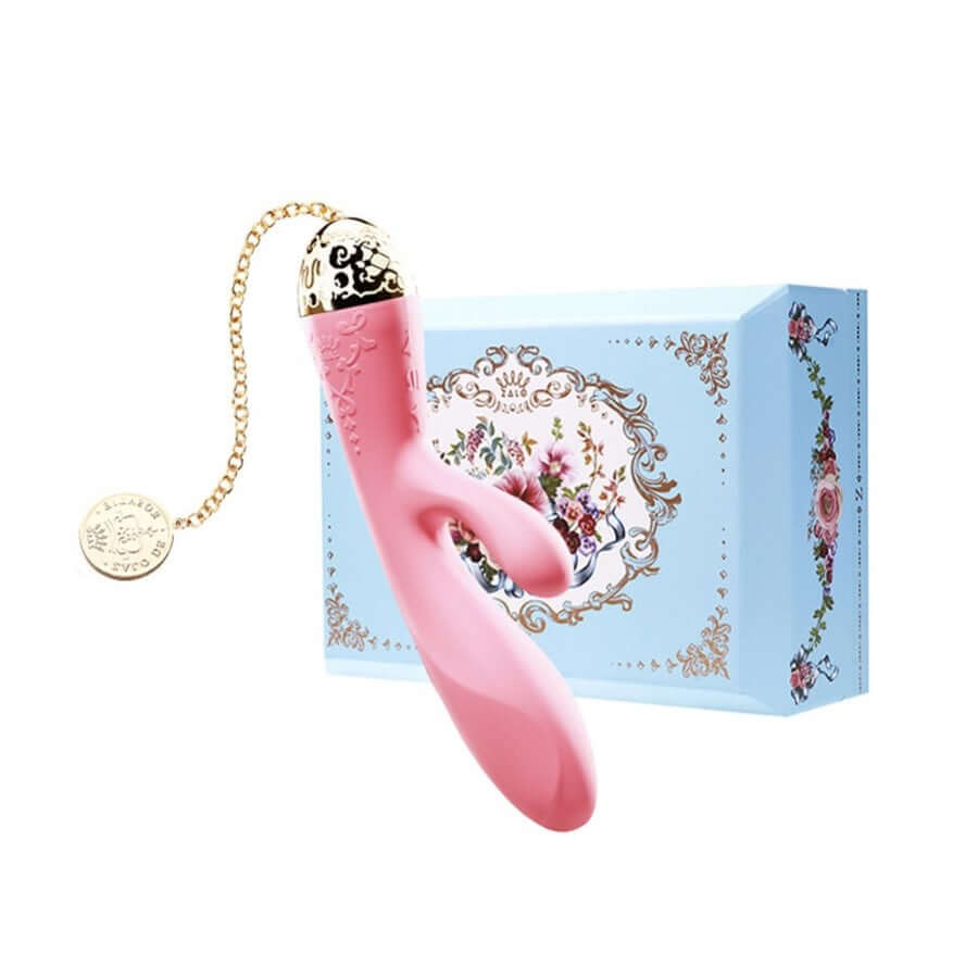 Rosalie 24K Gold Plated Rabbit Vibrator with decorative packaging and chain, designed for dual pleasure.
