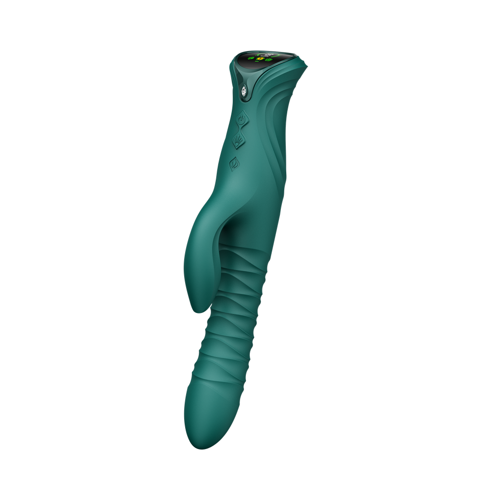 Mose 2 App-Controlled G-Spot Rabbit Thruster Vibrator in teal with ergonomic design and control buttons.